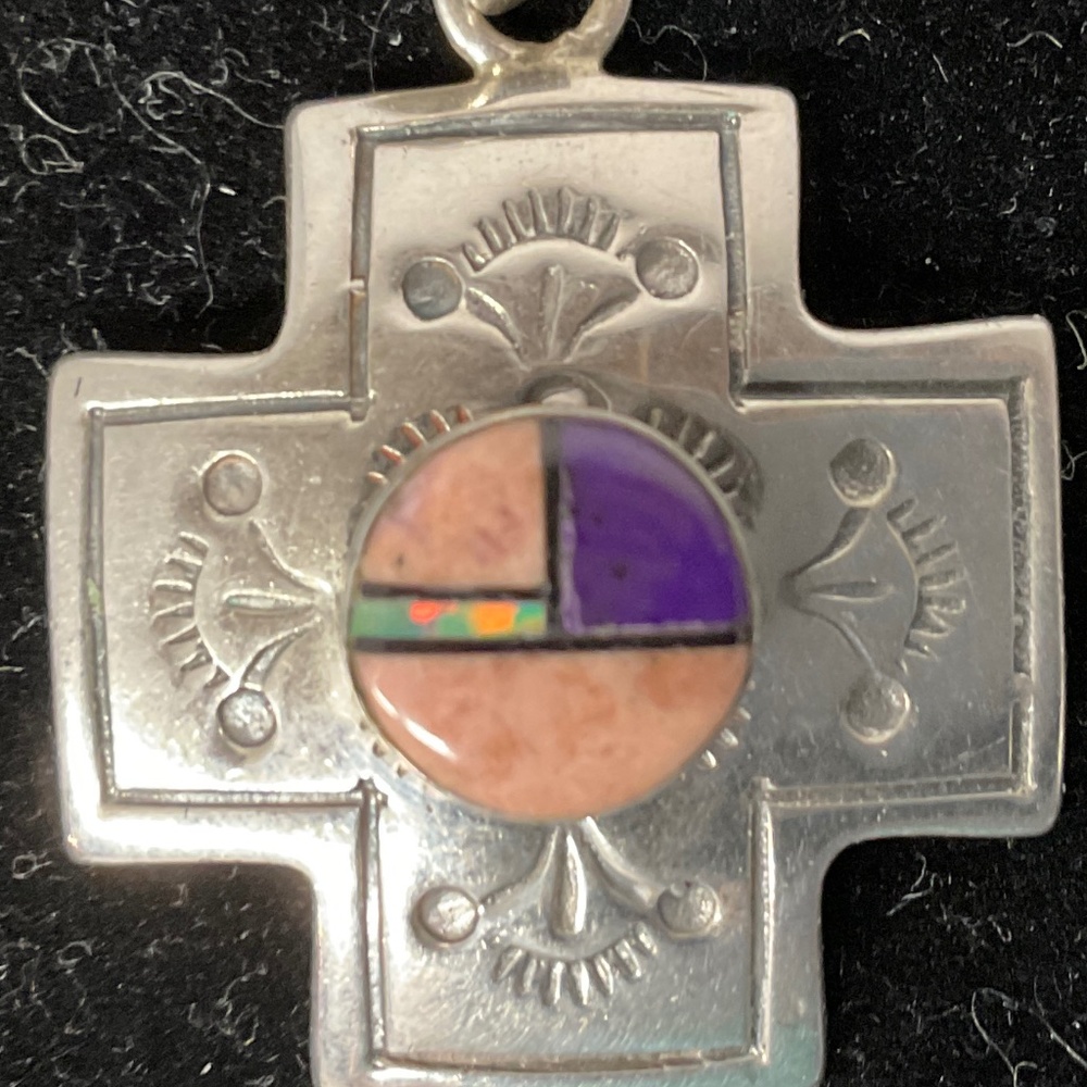 Sterling Silver Cross Pendant w/ Inlay Design - Picture 6 of 6